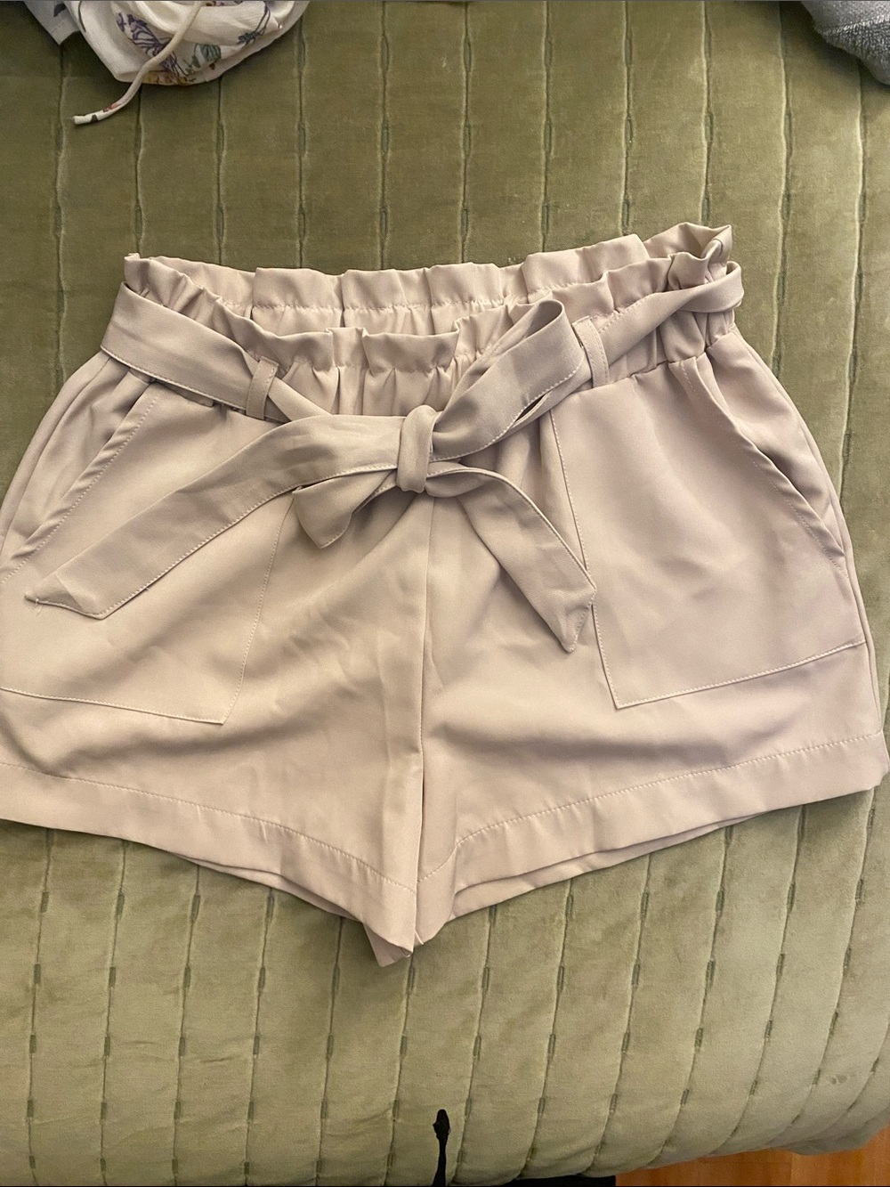 Dizzy Gal High-Waist Paperbag Tie Shorts in Light Beige